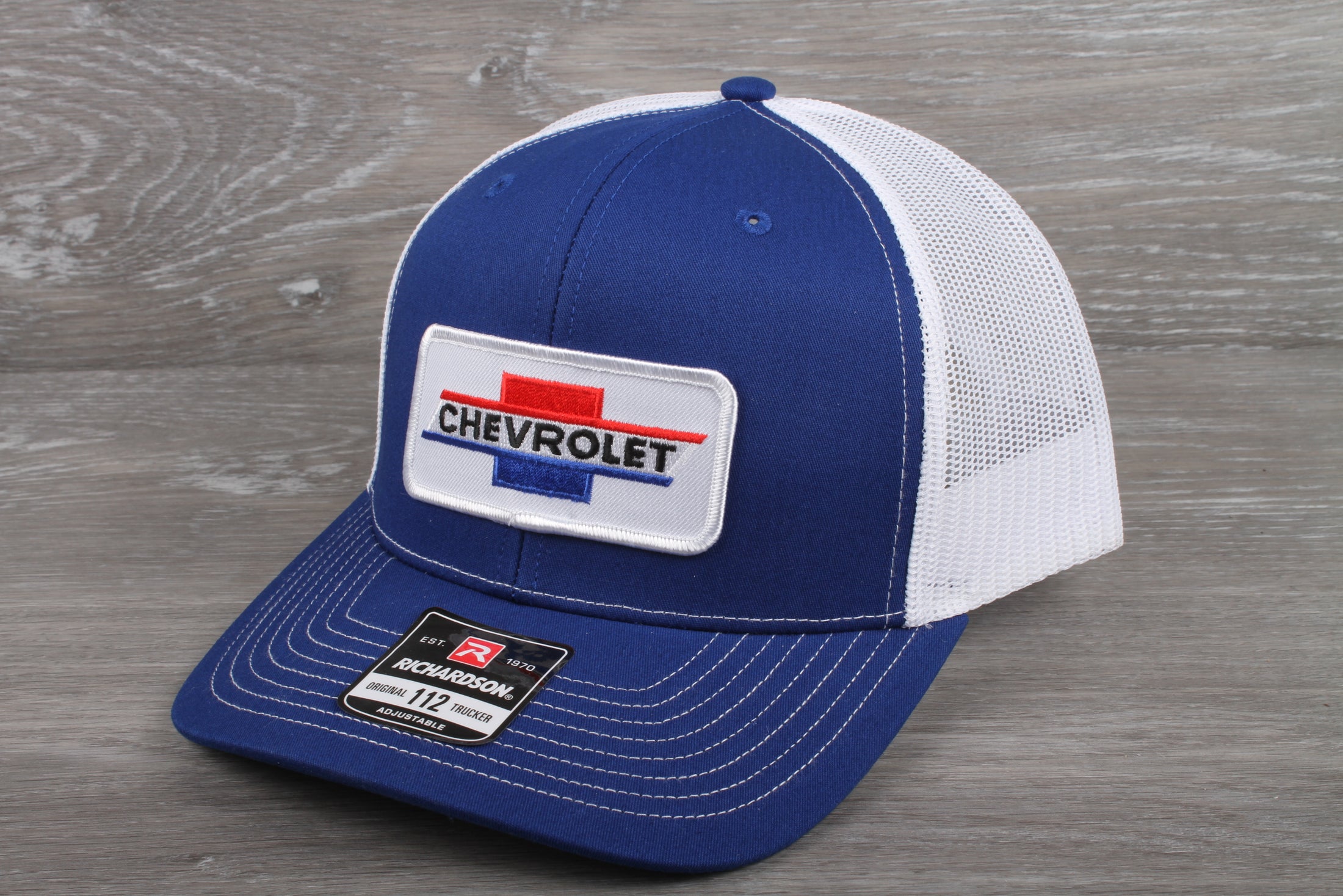 Vintage Chevrolet patch on a Richardson 112 trucker hat - Royal