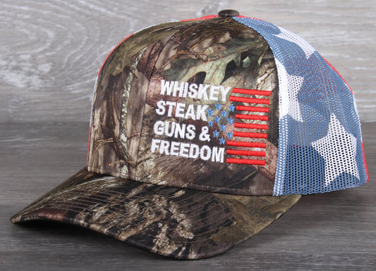 Whiskey Steak Guns & Freedom embroidered on Camo Stars Stripes