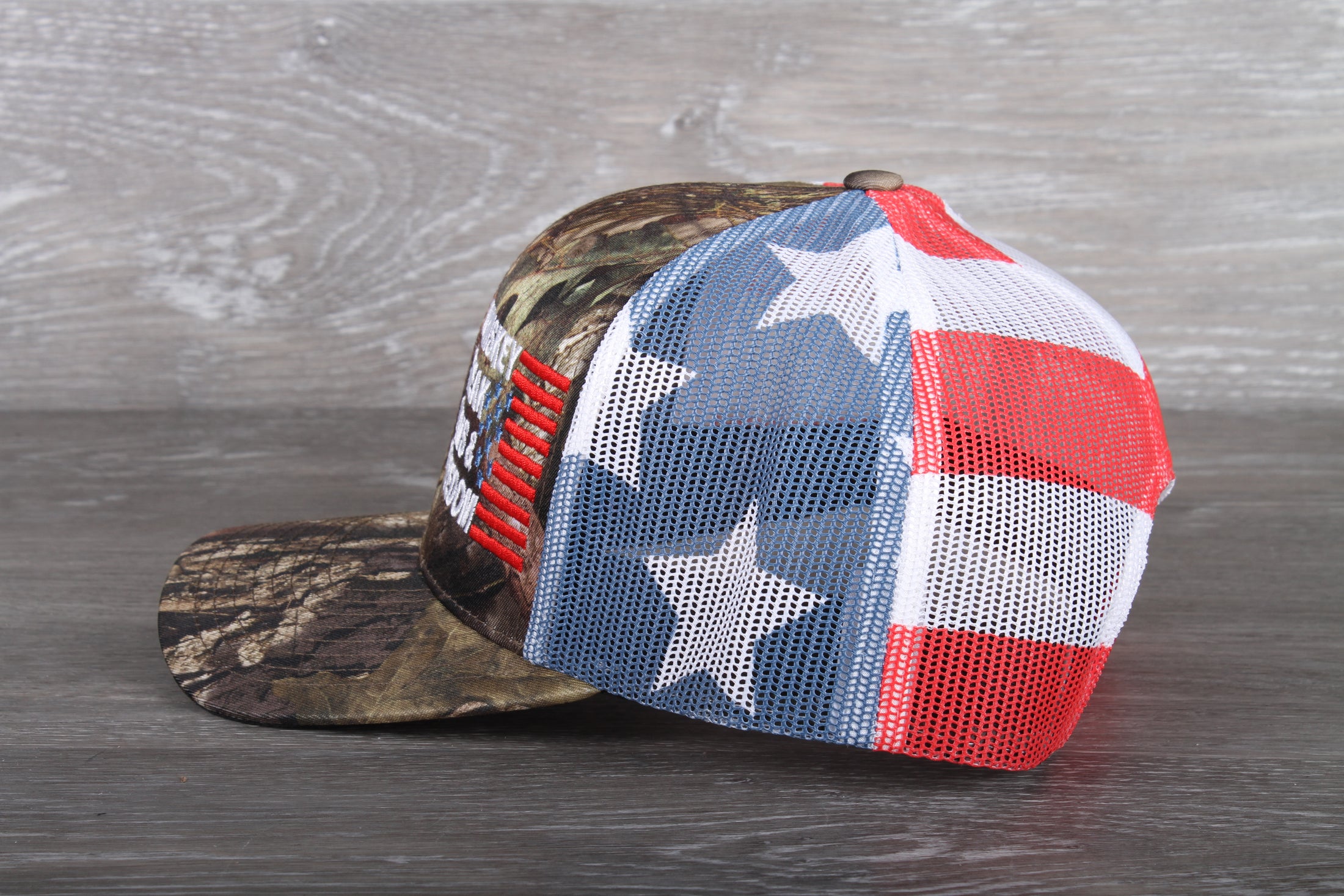 Whiskey Steak Guns & Freedom embroidered on Camo Stars Stripes