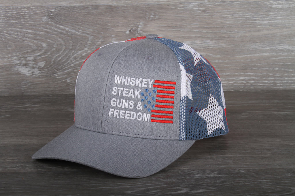 Whiskey Steak Guns & Freedom embroidered on Stars Stripes