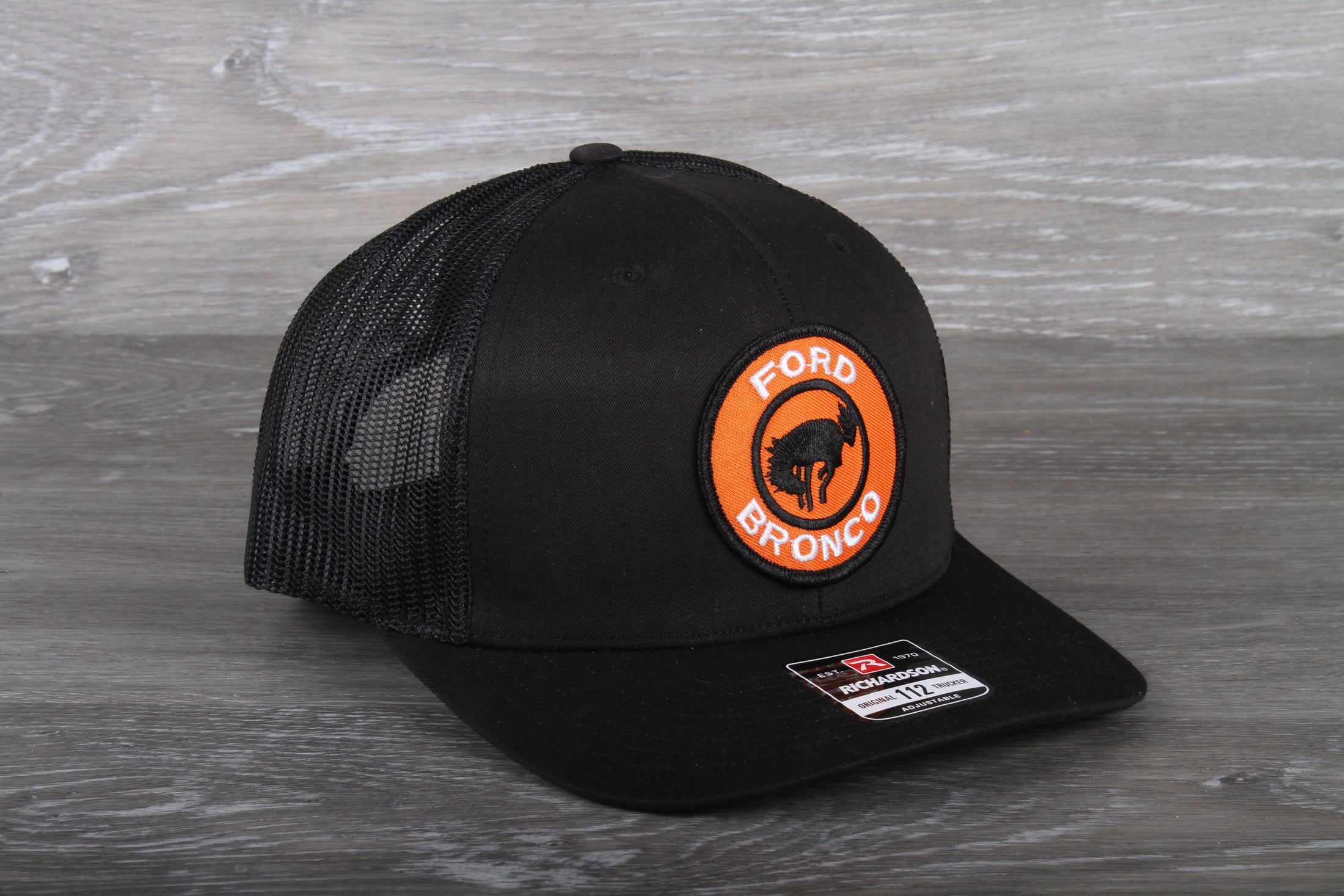 Retro Ford Bronco patch on a Richardson 112 trucker hat