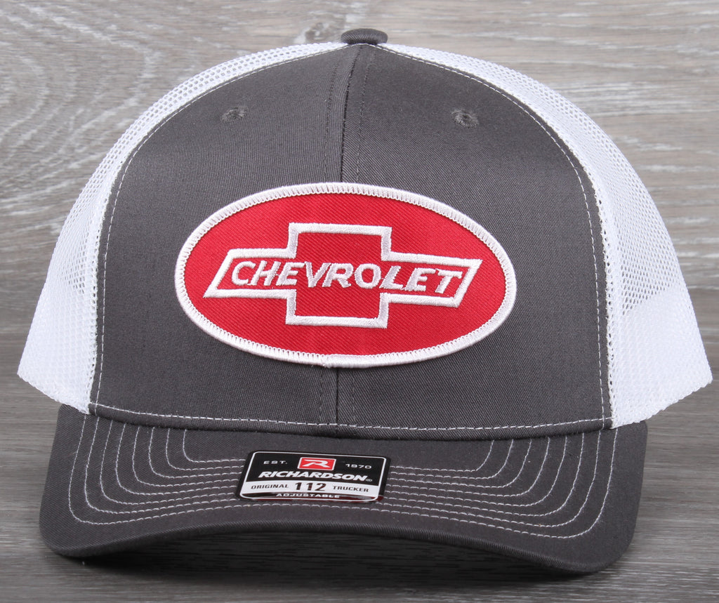 Vintage Chevrolet patch on a Richardson 112 trucker hat - charcoal