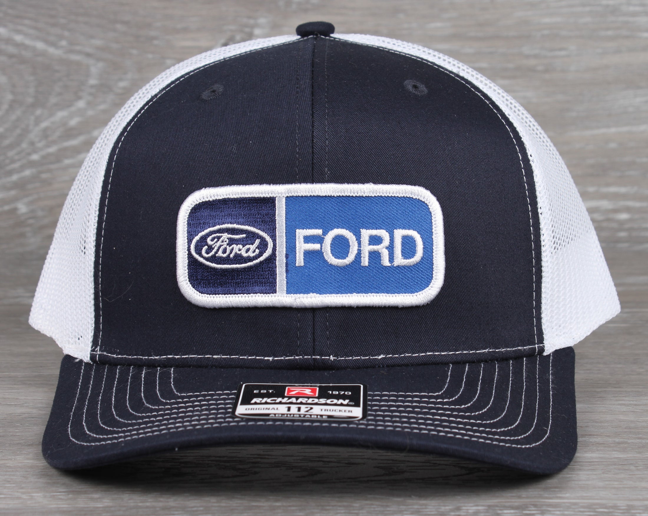 Vintage Ford patch on a Richardson 112 trucker hat - Navy