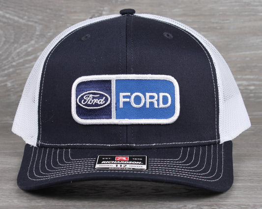 Vintage Ford patch on a Richardson 112 trucker hat - Navy