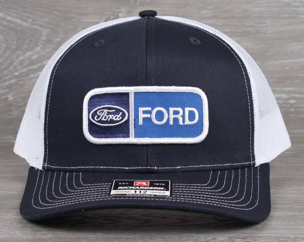 Vintage Ford patch on a Richardson 112 trucker hat - Navy