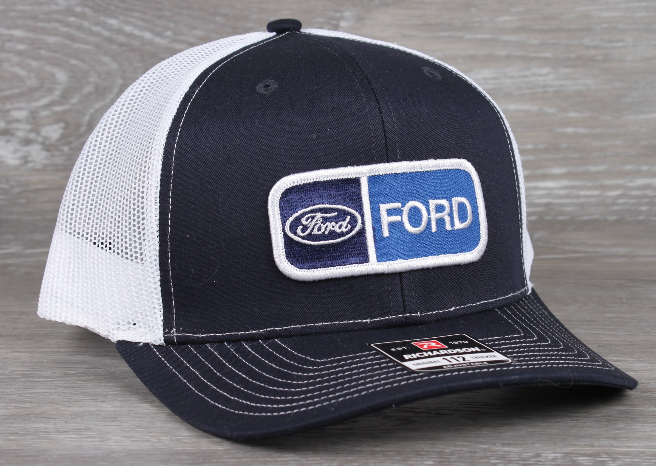 Vintage Ford patch on a Richardson 112 trucker hat - Navy