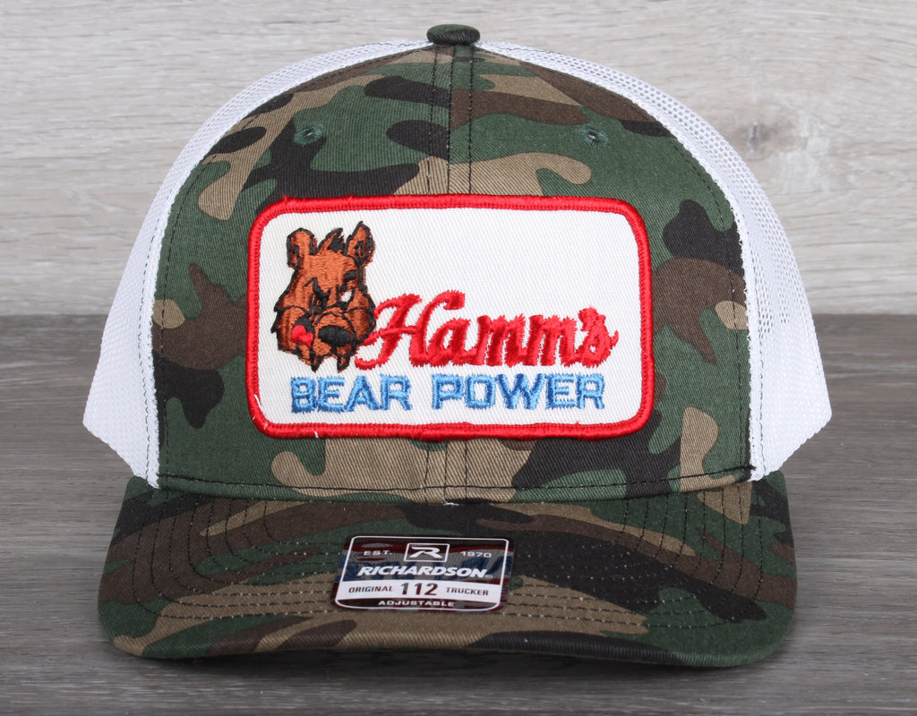 Vintage Hamm's Bear Power patch on a Richardson 112 camo trucker hat