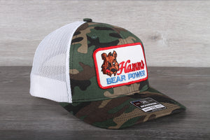 Vintage Hamm's Bear Power patch on a Richardson 112 camo trucker hat